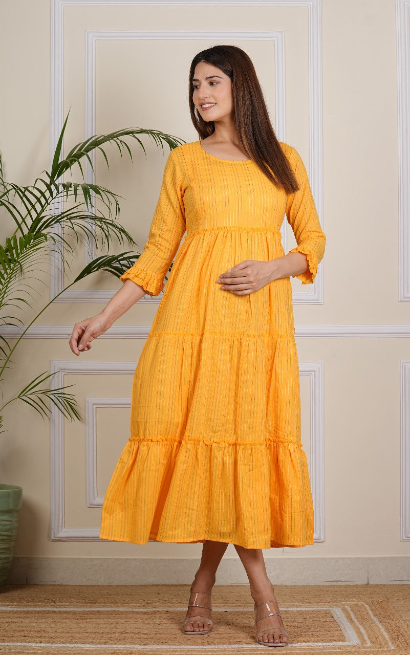 Women's Yellow Multi Line Cotton Katha Maternity Gown