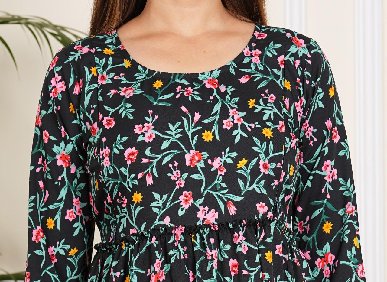 Black Floral Print Maternity Gown