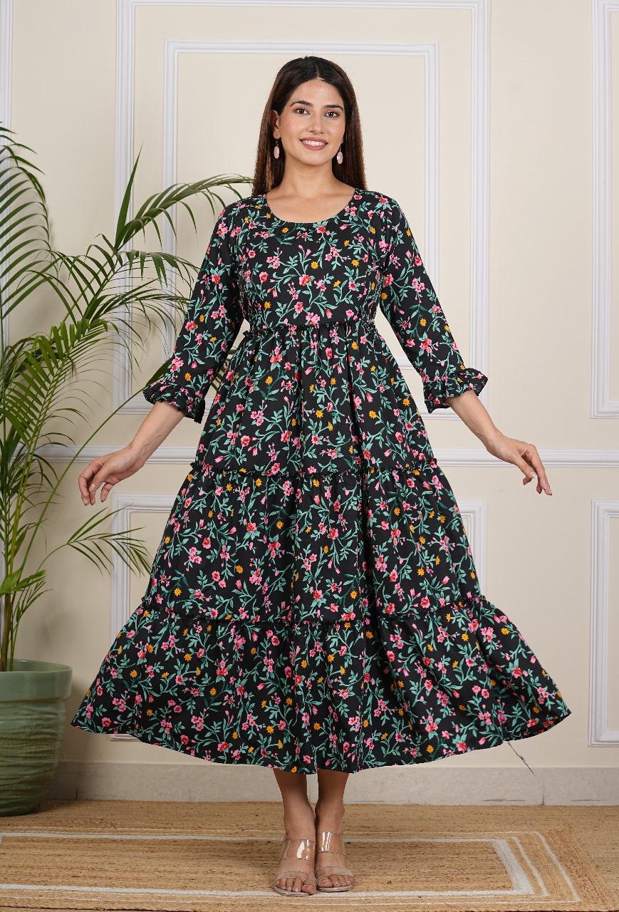 Black Floral Print Maternity Gown