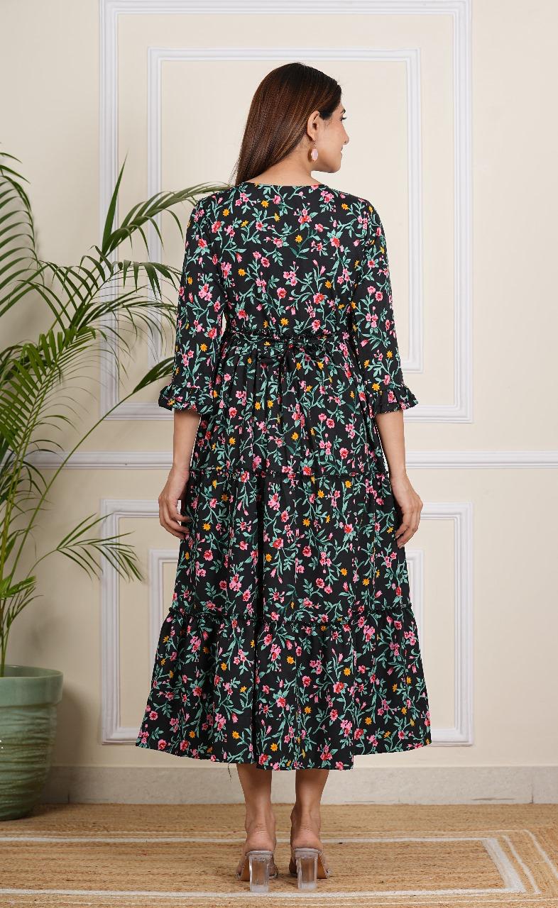 Black Floral Print Maternity Gown