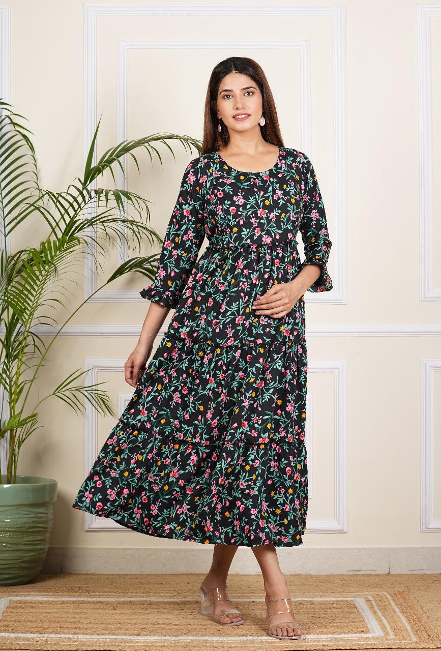 Black Floral Print Maternity Gown