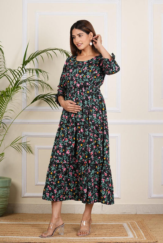 Black Floral Print Maternity Gown
