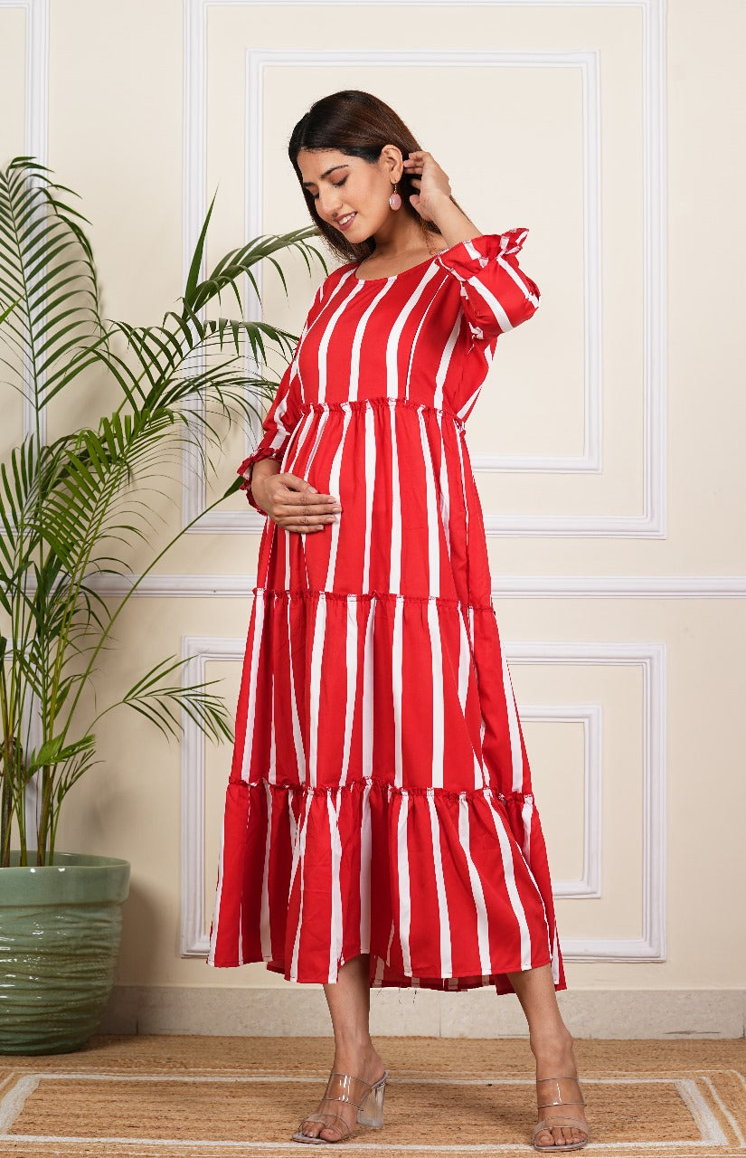 Women's Red Stripe Maternity Gown