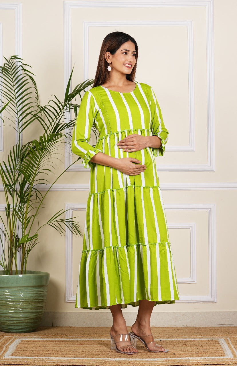 Women's Green Stripe Maternity Gown