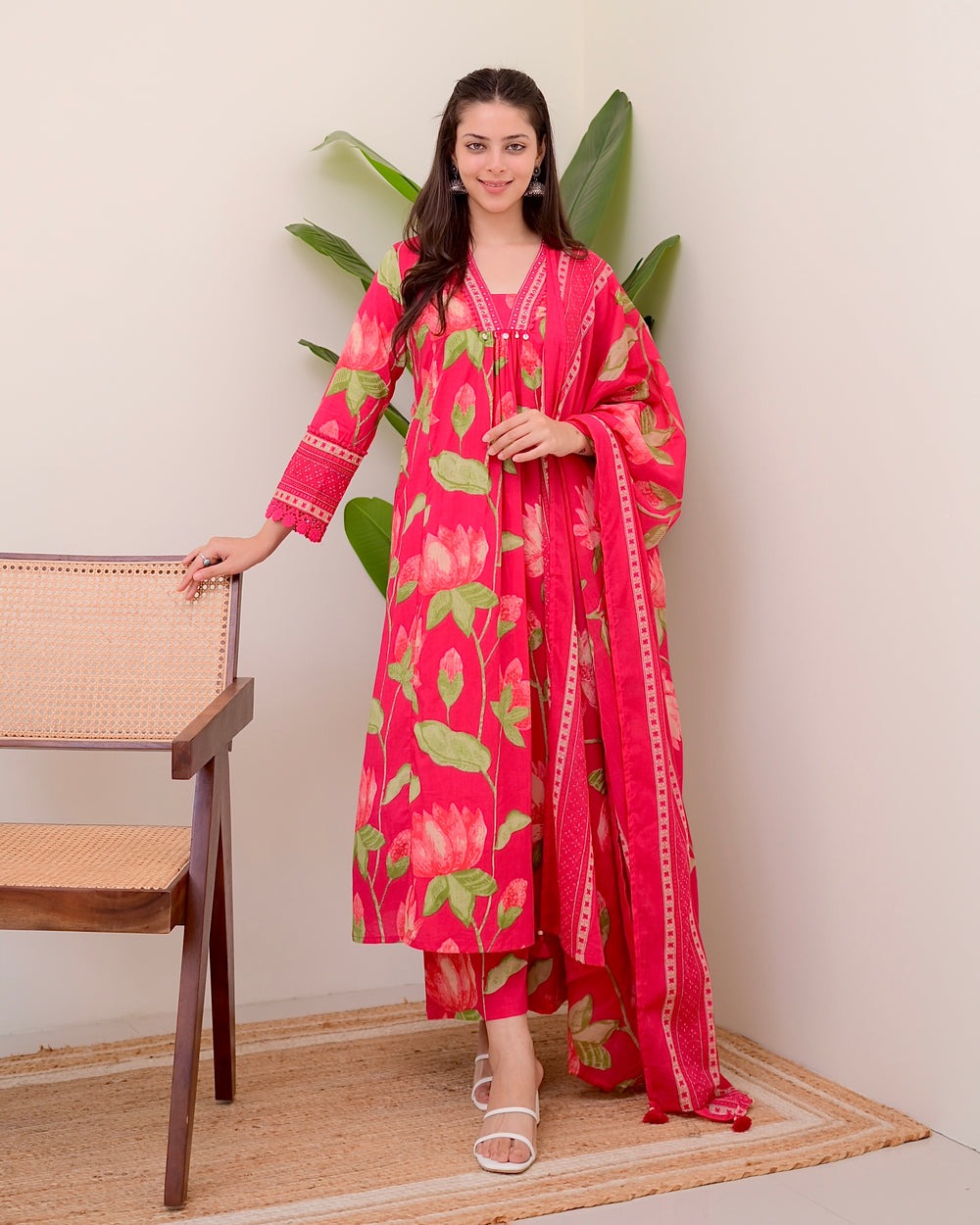 Graceful Pink Printed Rayon Suit with Dupatta