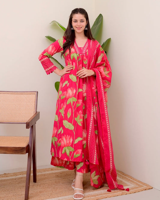 Graceful Pink Printed Rayon Suit with Dupatta