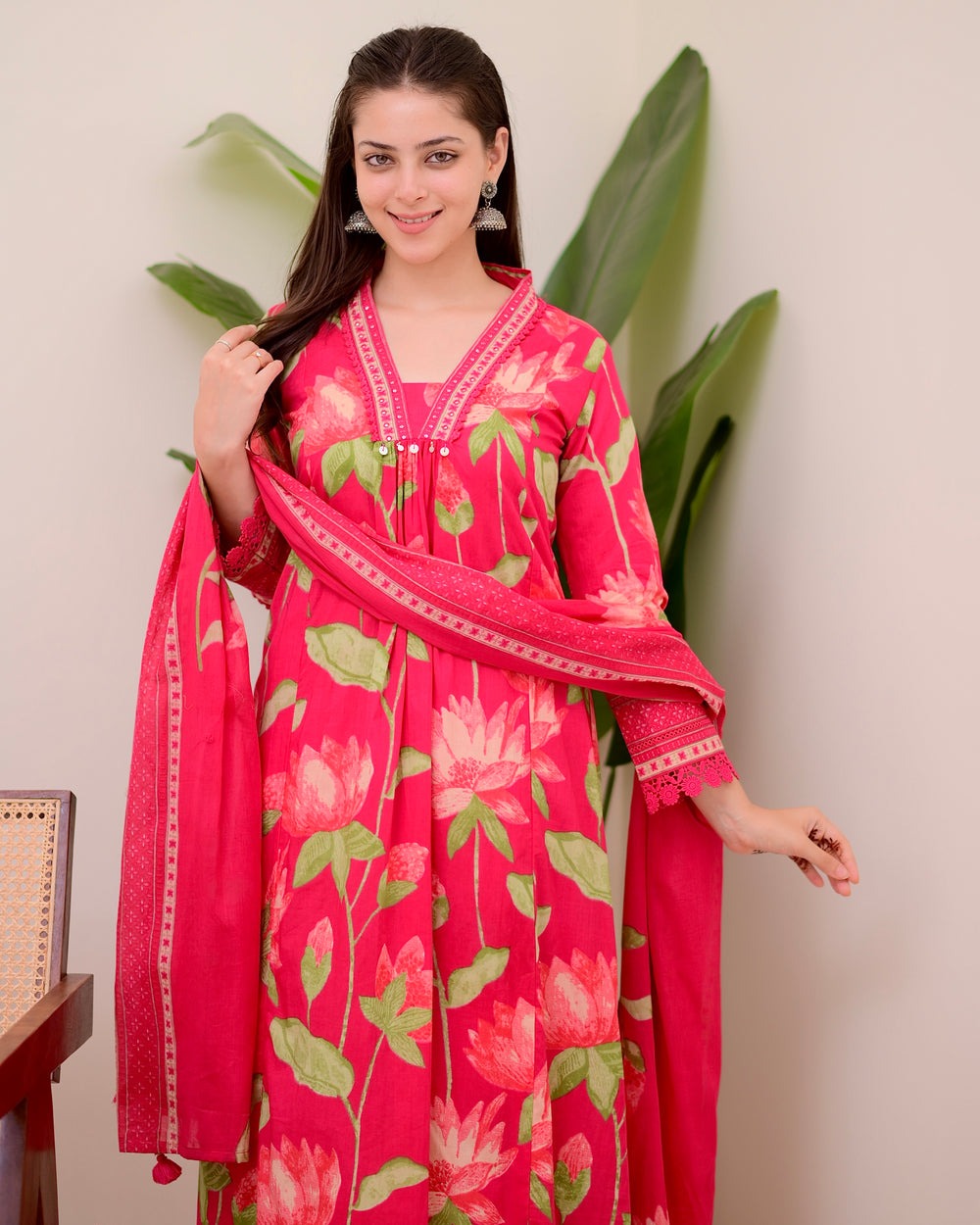 Graceful Pink Printed Rayon Suit with Dupatta