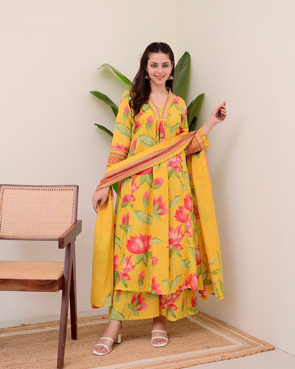 Graceful Yellow Printed Rayon Suit with Dupatta