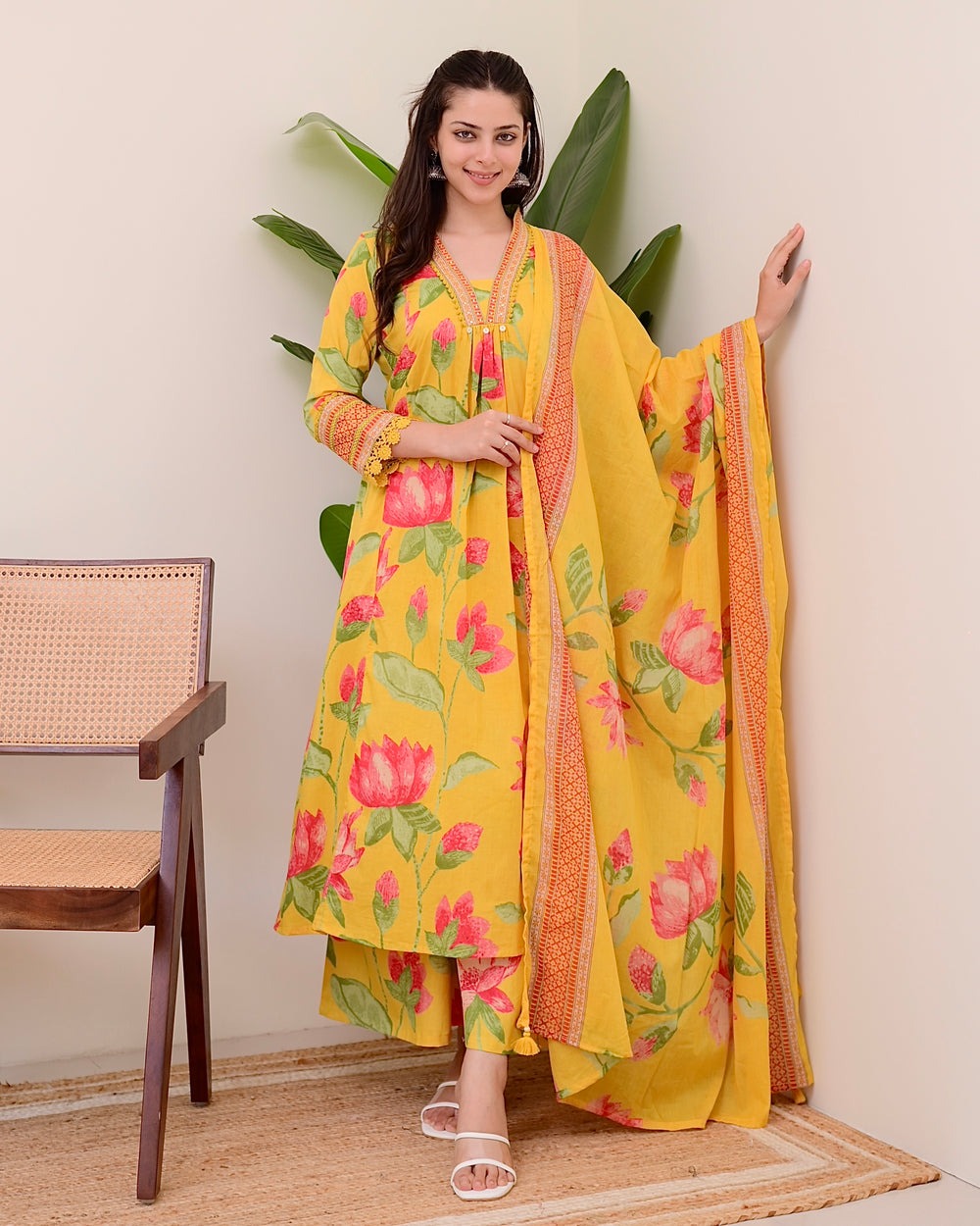 Graceful Yellow Printed Rayon Suit with Dupatta