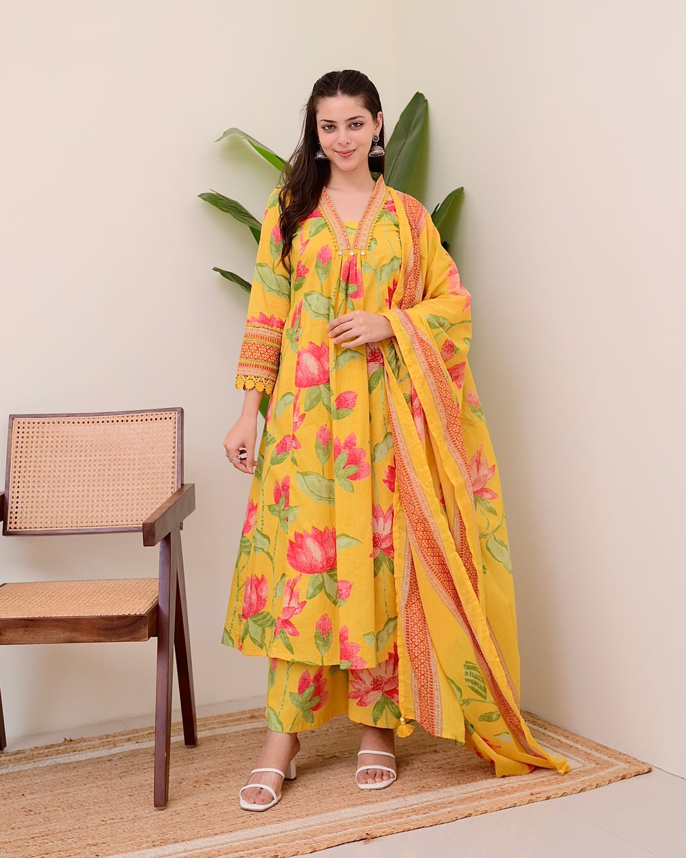 Graceful Yellow Printed Rayon Suit with Dupatta