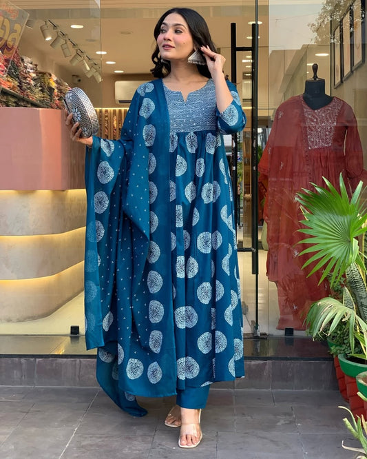 Teal Blue Printed Suit with Dupatta