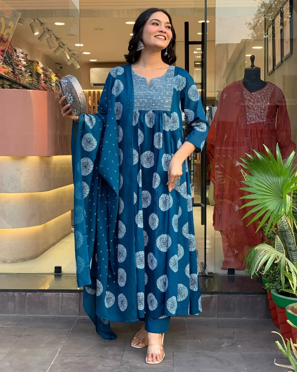 Teal Blue Printed Suit with Dupatta