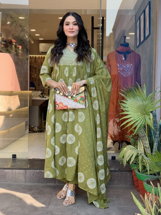 Green Cotton Printed Suit with Dupatta