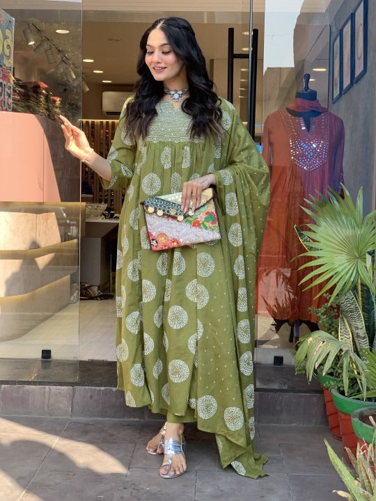 Green Cotton Printed Suit with Dupatta