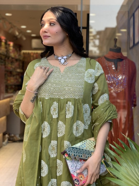 Green Cotton Printed Suit with Dupatta