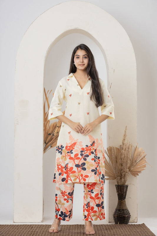 Cream Floral Printed Co-ord Set