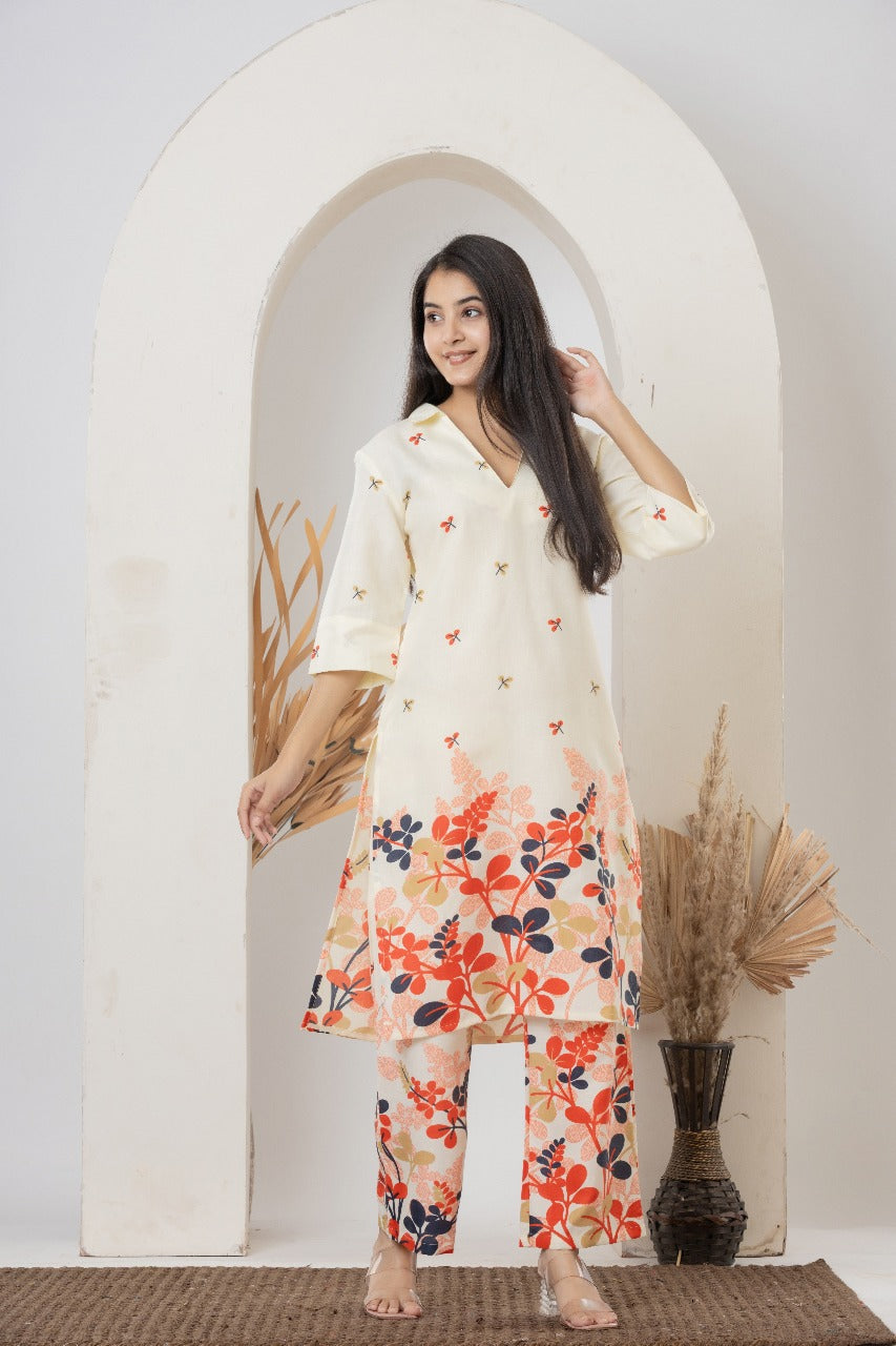 Cream Floral Printed Co-ord Set