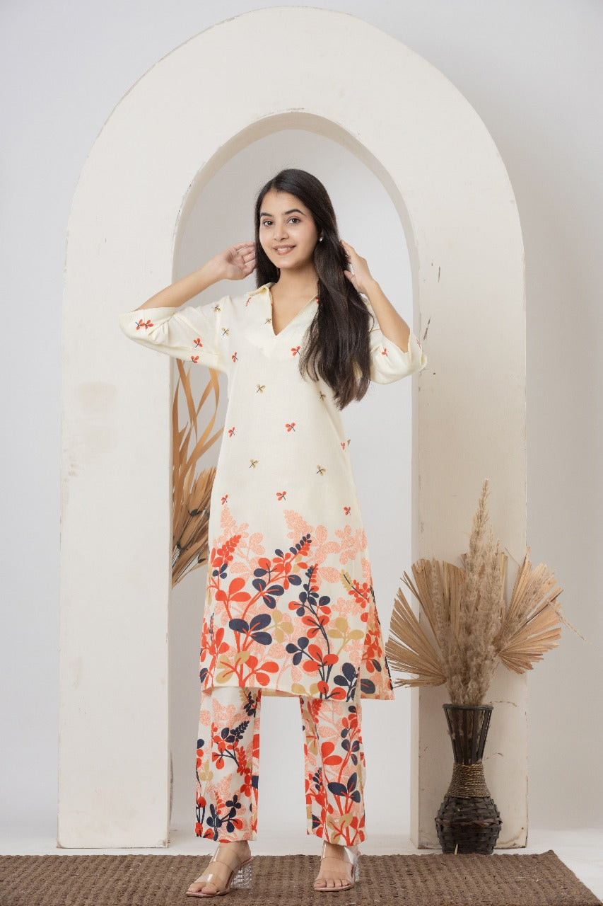 Cream Floral Printed Co-ord Set