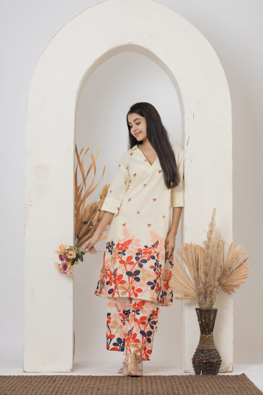 Cream Floral Printed Co-ord Set