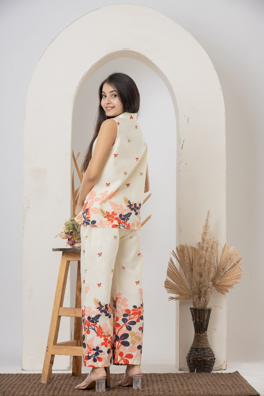 Cream Floral Sleeveless Printed Co-ord Set