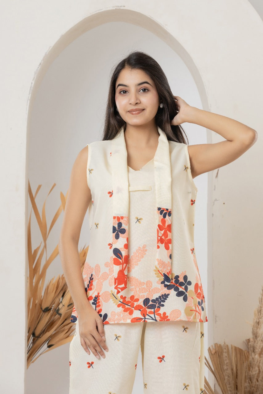 Cream Floral Sleeveless Printed Co-ord Set