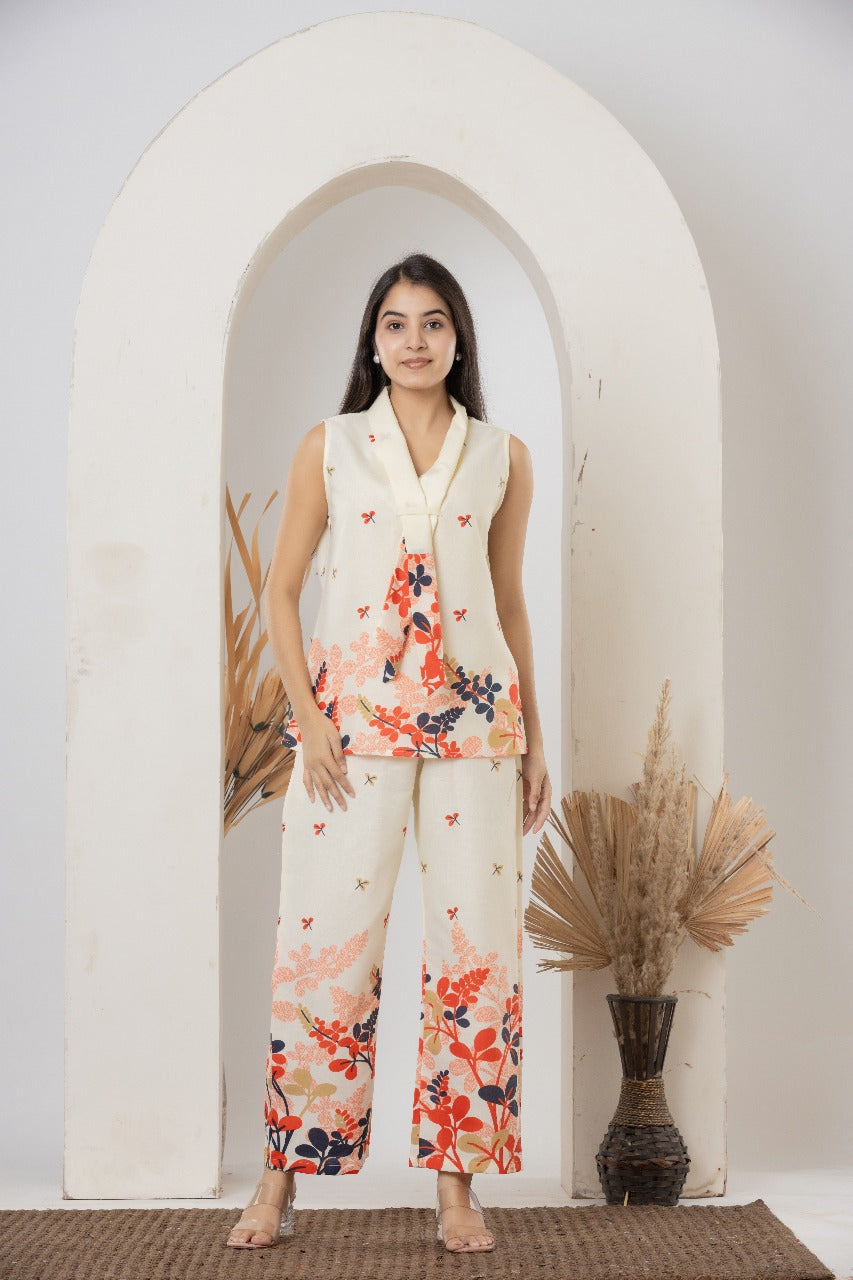Cream Floral Sleeveless Printed Co-ord Set