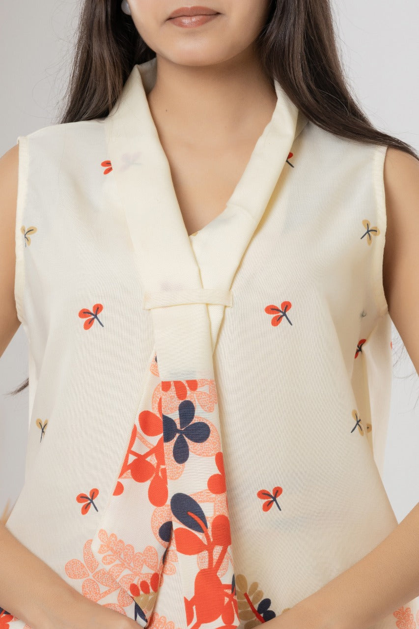 Cream Floral Sleeveless Printed Co-ord Set