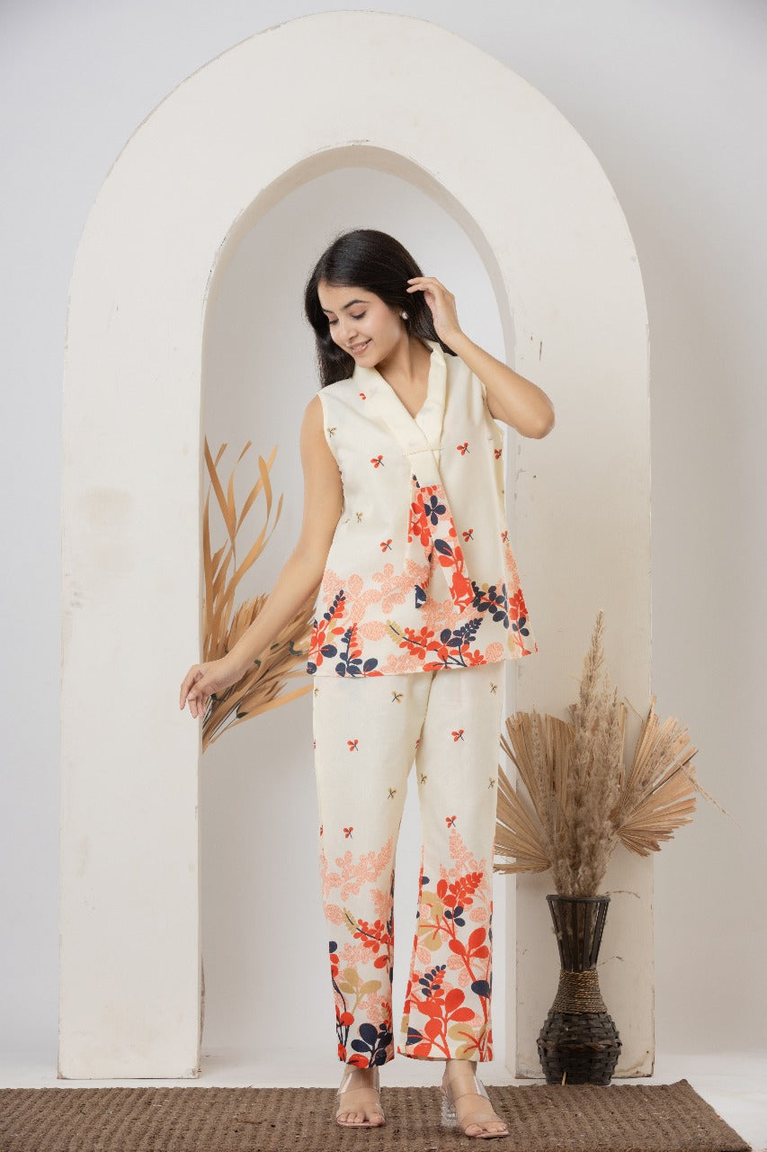 Cream Floral Sleeveless Printed Co-ord Set