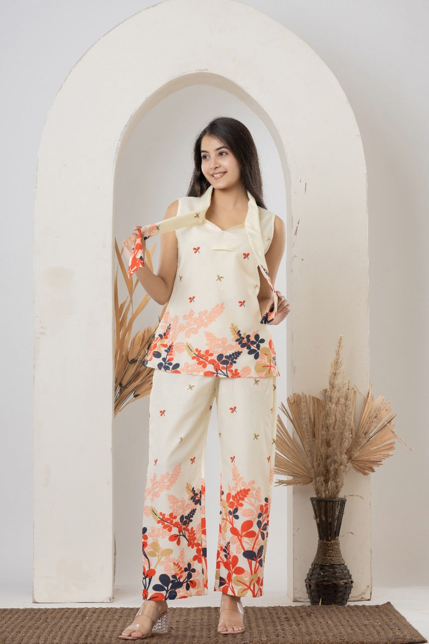 Cream Floral Sleeveless Printed Co-ord Set