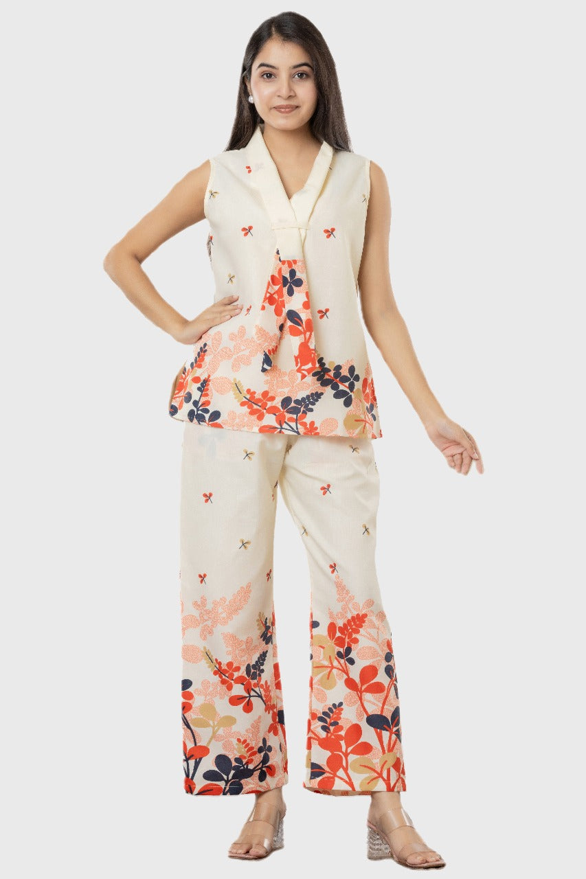 Cream Floral Sleeveless Printed Co-ord Set