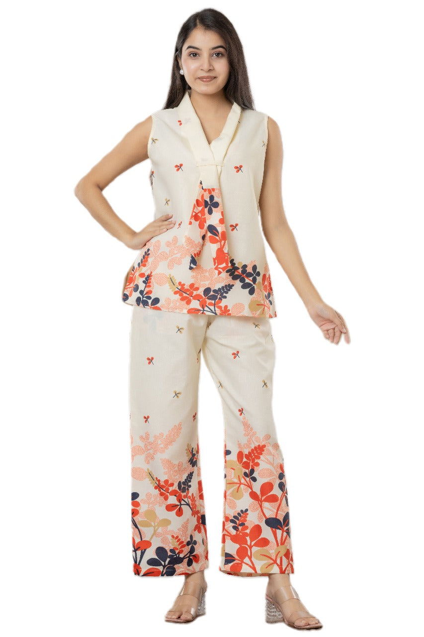 Cream Floral Sleeveless Printed Co-ord Set