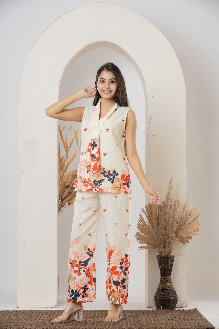 Cream Floral Sleeveless Printed Co-ord Set