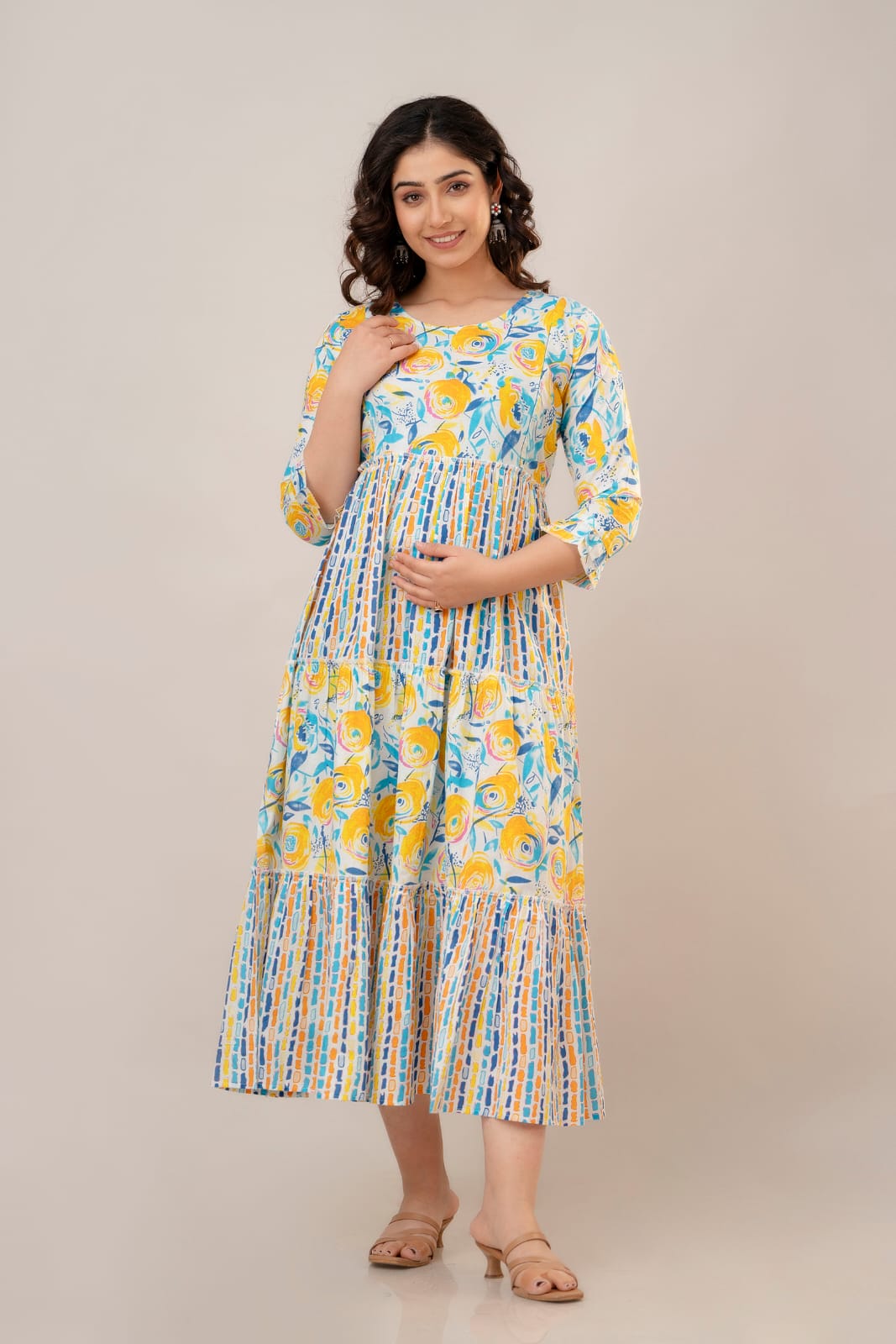 Yellow Multicolor Printed Maternity Gown