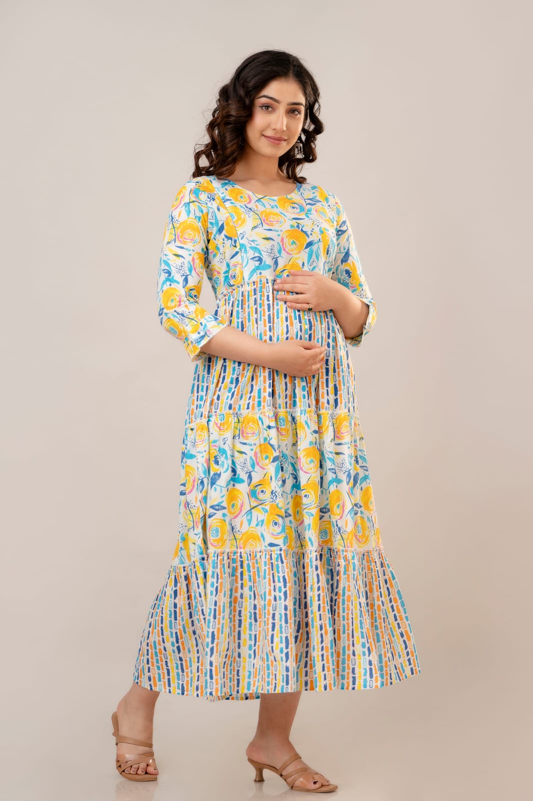 Yellow Multicolor Printed Maternity Gown