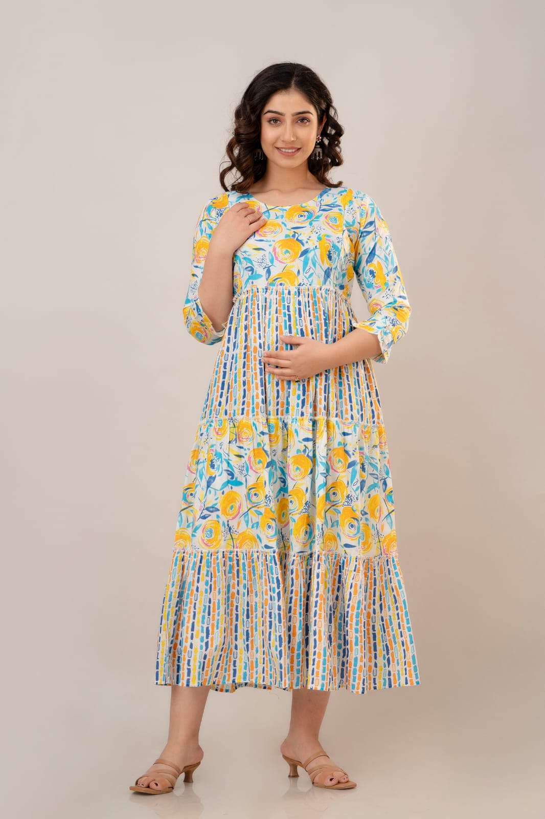 Yellow Multicolor Printed Maternity Gown