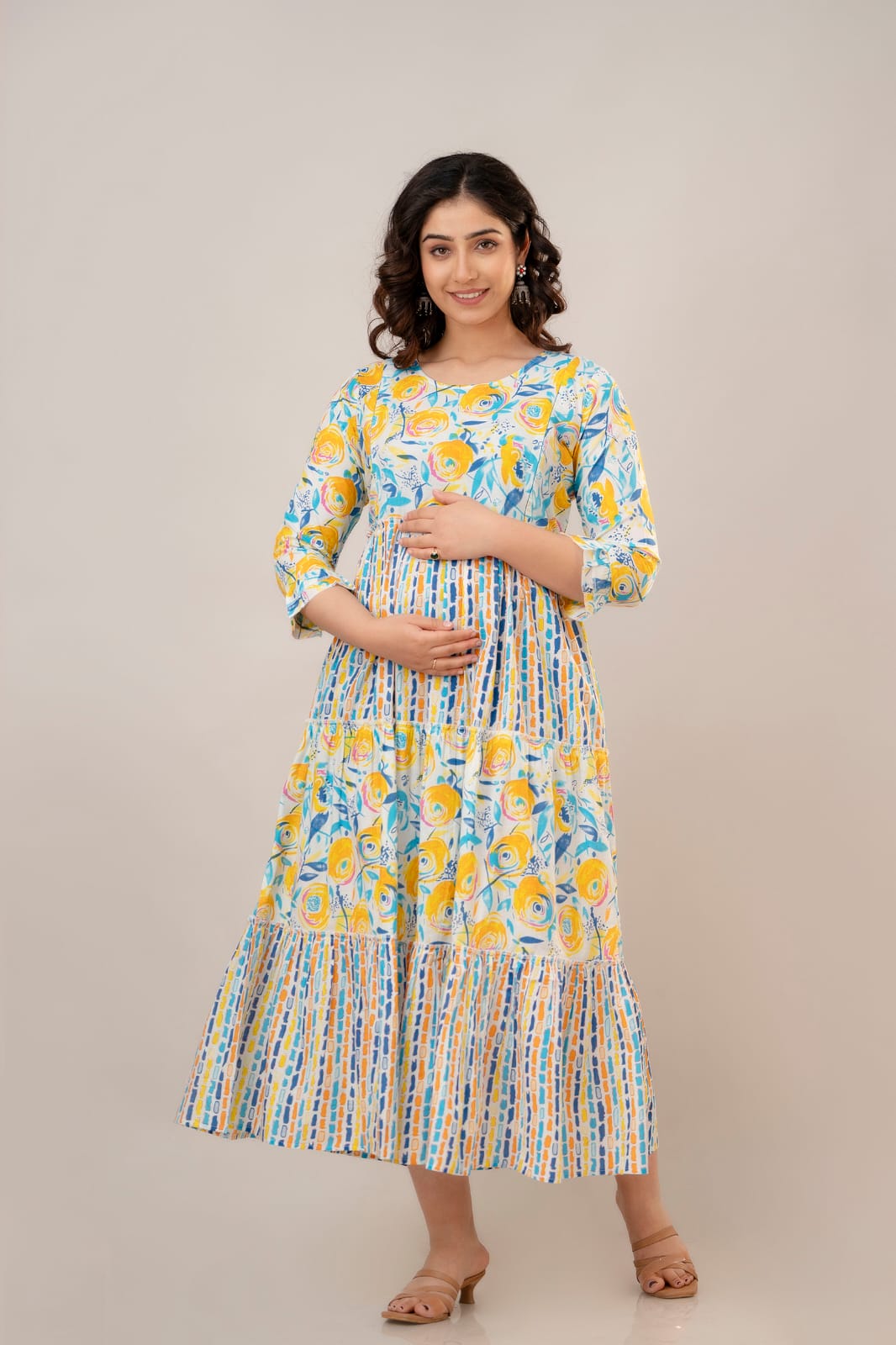 Yellow Multicolor Printed Maternity Gown