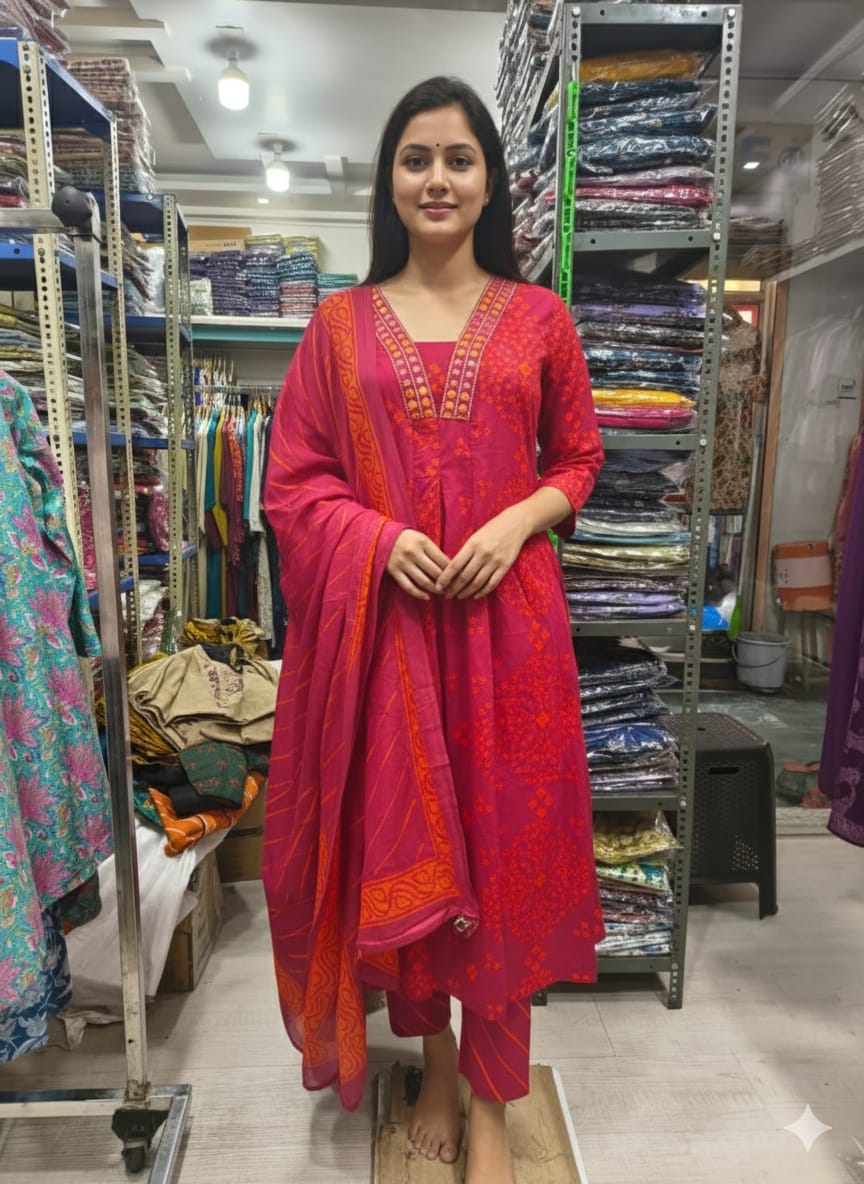 Cotton cherry red Printed 3-Piece kurta Set