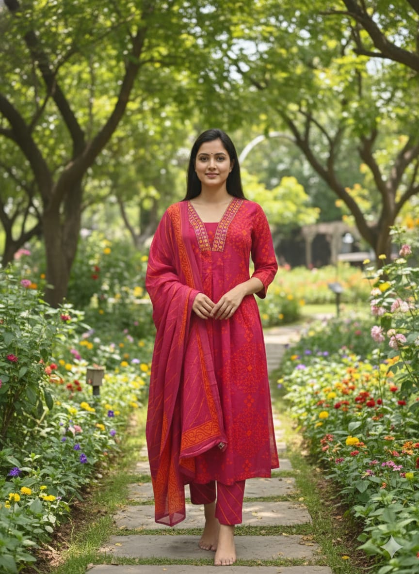 Cotton cherry red Printed 3-Piece kurta Set