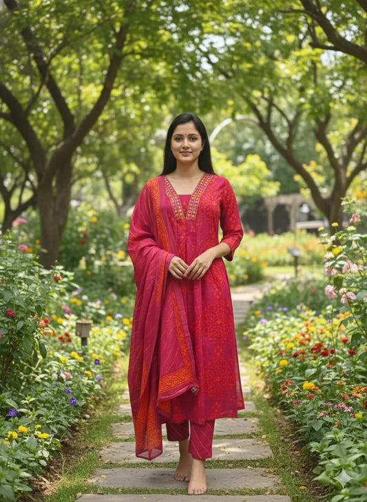 Cotton cherry red Printed 3-Piece kurta Set