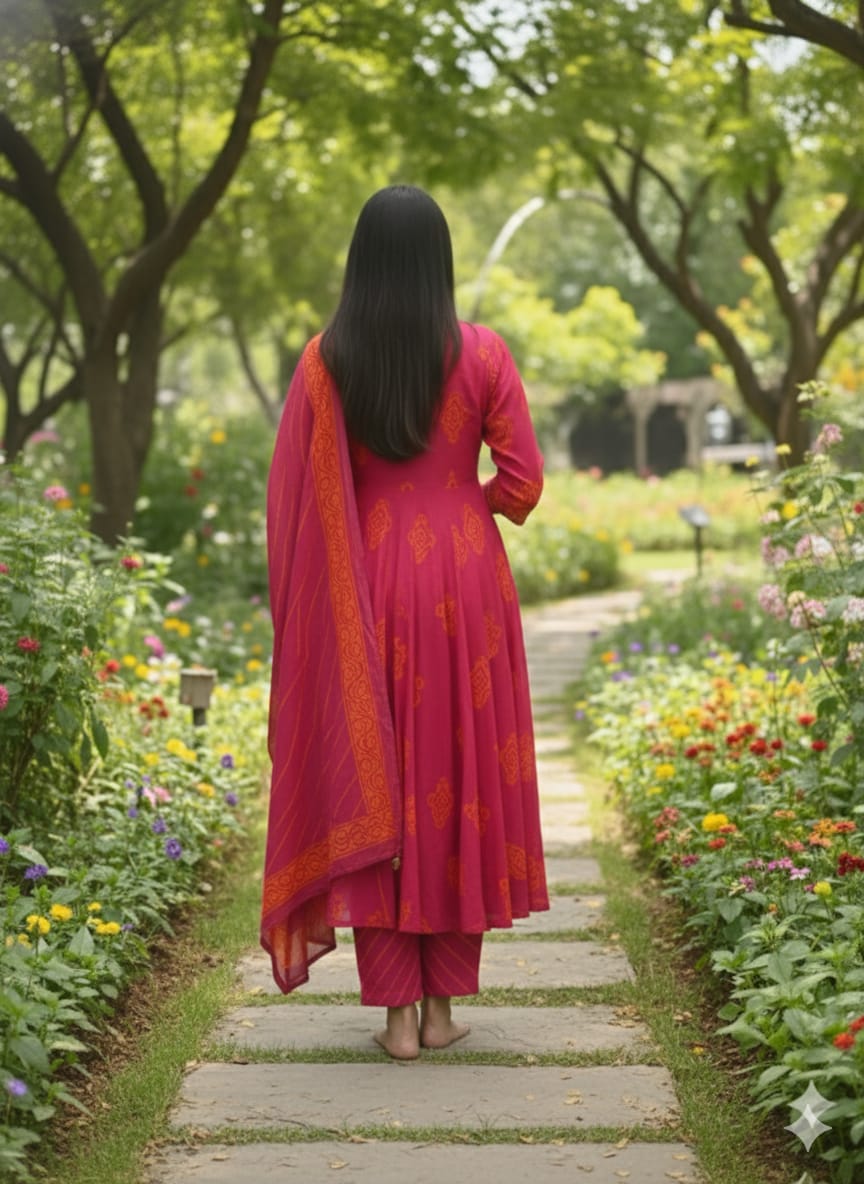 Cotton cherry red Printed 3-Piece kurta Set