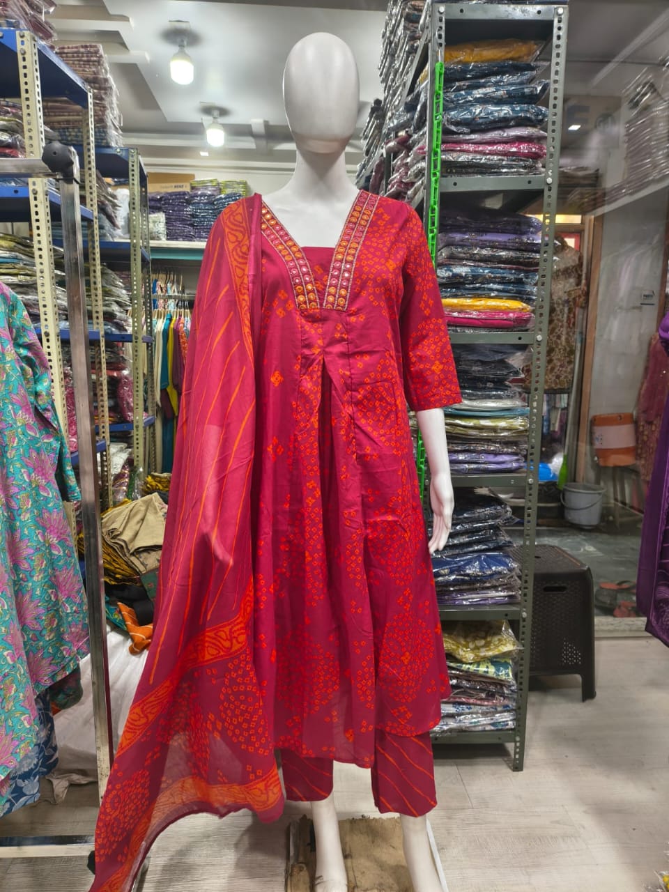 Cotton cherry red Printed 3-Piece kurta Set