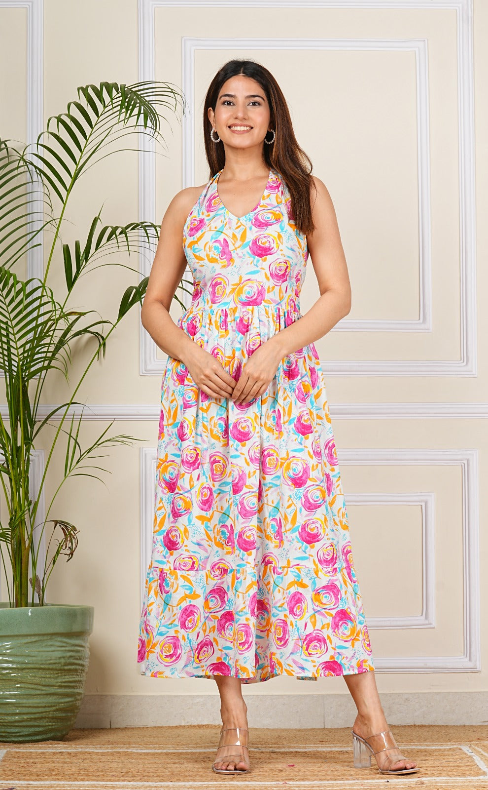 Pink Floral Sleeveless Cotton Dress