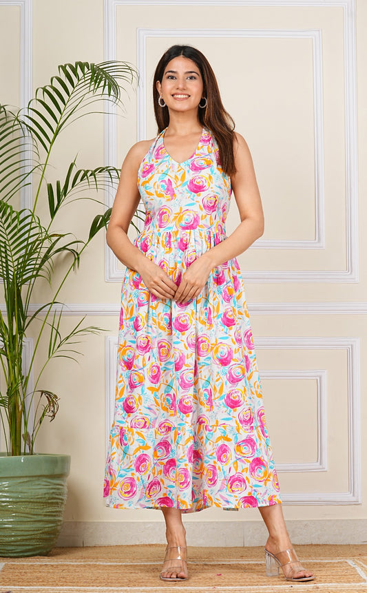 Pink Floral Sleeveless Cotton Dress