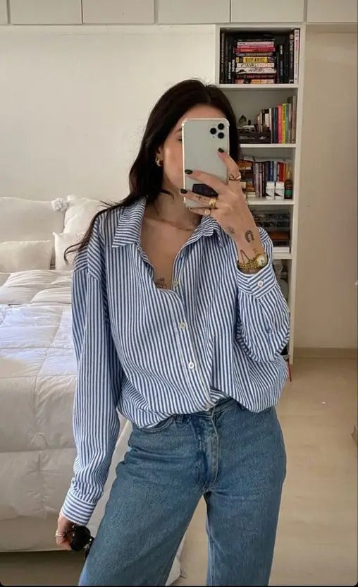 Oversized Blue Striped Casual Shirt